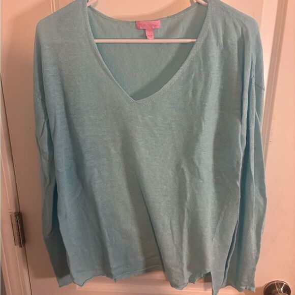 Lilly Pulitzer vintage linen Blue V-Neck Long Sleeve Top size L EUC - Picture 1 of 4